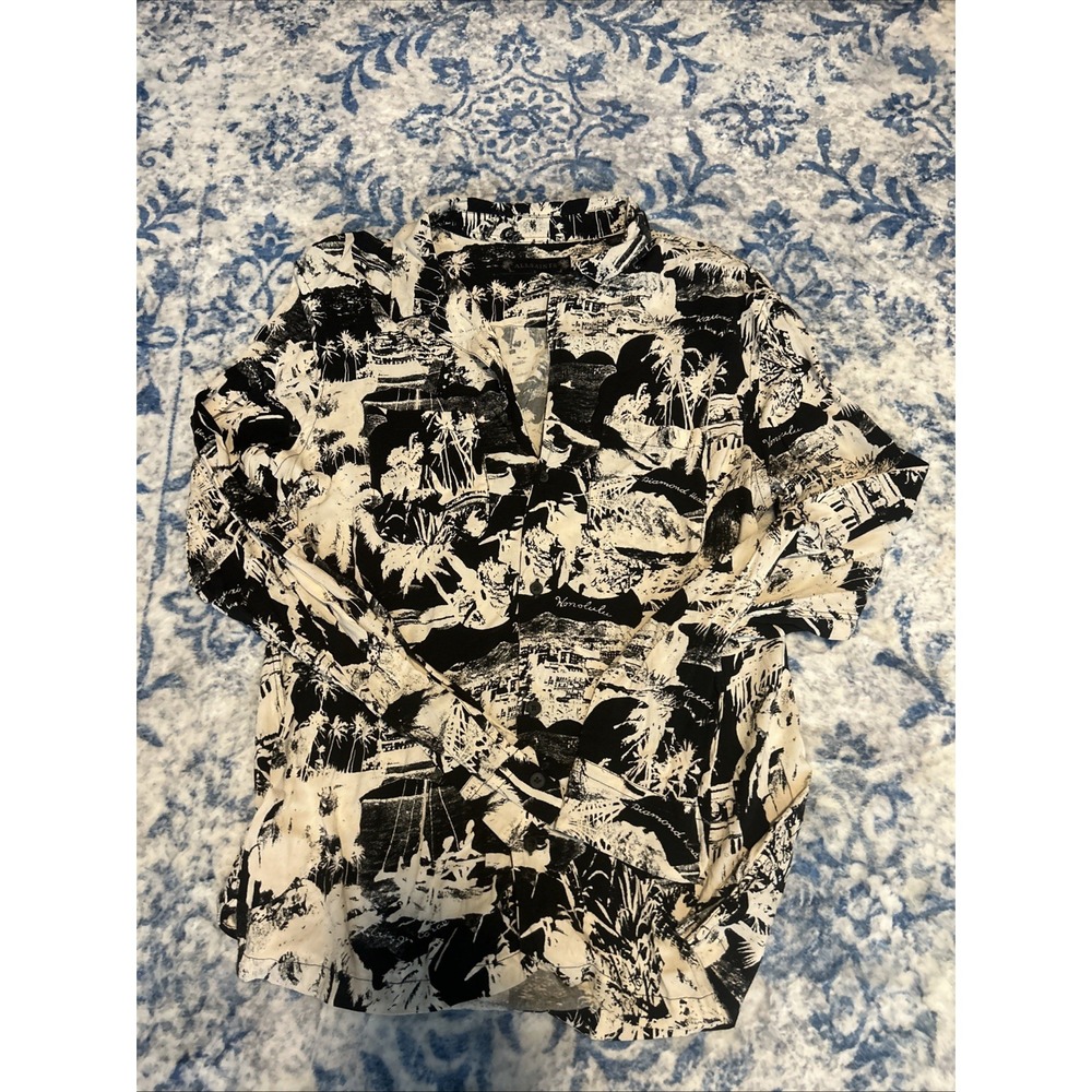 AllSaints Shirt Mens L Black Short Sleeve Button Up Viscose Hawaiian Print